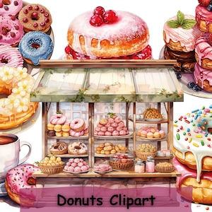 Donut Clipart, Watercolor Donut PNG Bundle, Baking, Dessert Clipart, Donut Party | Food, Sweets Clip Art, Bakery Art, Commercial Use