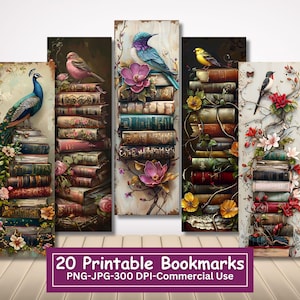 Op de afbeelding: Set van 20 printbare bladwijzers met kleurrijke vogels die op stapels vintage boeken zitten met bloemmotieven. De bladwijzers zijn ontworpen in een speelse stijl met een vintage esthetiek.