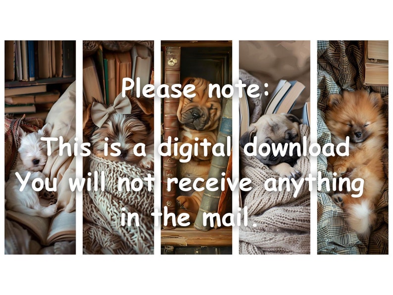 May include: Four adorable dogs sleeping in various cozy settings, including a pile of books, a knitted blanket, and a plaid throw. The text "Please note: This is a digital download. You will not receive anything in the mail." is displayed on the image.