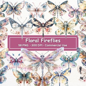 Blumen Glühwürmchen Clipart Bundle, 58 PNG-Set, transparenter Hintergrund, Fantasy Fairytale Insekt Illustrationen, Kartenherstellung, Sublimation