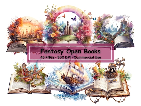 Watercolor Fantasy Book Clipart: Vintage Library PNG Bundle (Digital Download)