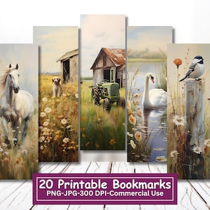 Farm Life afdrukbare bladwijzerbundel, set van 20 PNG/JPG, landlandschap print en knip bladwijzerset, paard, vogel, hond, kat, ezel, kip