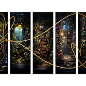 May include: A magical library with bookshelves overflowing with books, vines, and flowers. The library is lit by lanterns and candles, and there is a path leading to a doorway in the back.