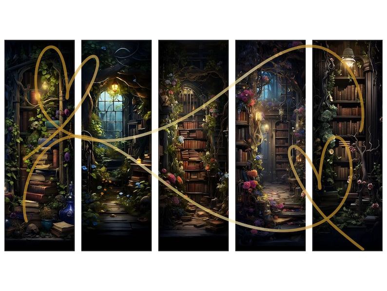 May include: A magical library with bookshelves overflowing with books, vines, and flowers. The library is lit by lanterns and candles, and there is a path leading to a doorway in the back.