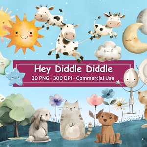 Hé Diddle Diddle Clipart, 30 PNG, téléchargement numérique, le chat et le violon, joli plat, cuillère, lune, soleil, étoiles, chien, chat, art de la chambre d'enfant