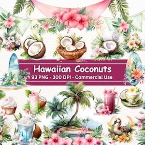 Pacote de clipart de coco aquarela, conjunto PNG de 93, clipart de coco, prancha de surf, Havaí, férias tropicais, palmeiras, uso comercial