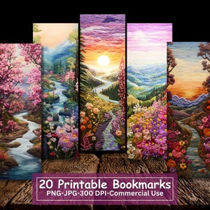 刺繍風景ブックマークバンドル、20 個セット PNG/JPG、ファンタジー風景昇華、クリカット、シルエットプリントとカット、商用利用