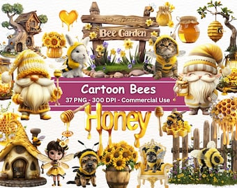 Watercolor Honey Bee Clipart Bundle: Cartoon Animals, Gnomes (PNG Set of 37) (Digital Download)