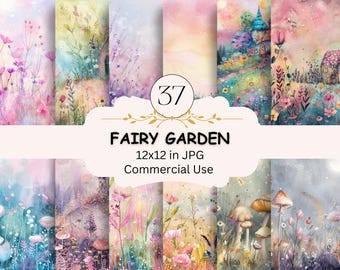 Fairy Garden Digital Paper Bundle, 37 JPG Set, Enchanted Fairytale Floral Paper, Fairy Houses, Mushrooms, Flowers, Junk Journal,Scrapbooking