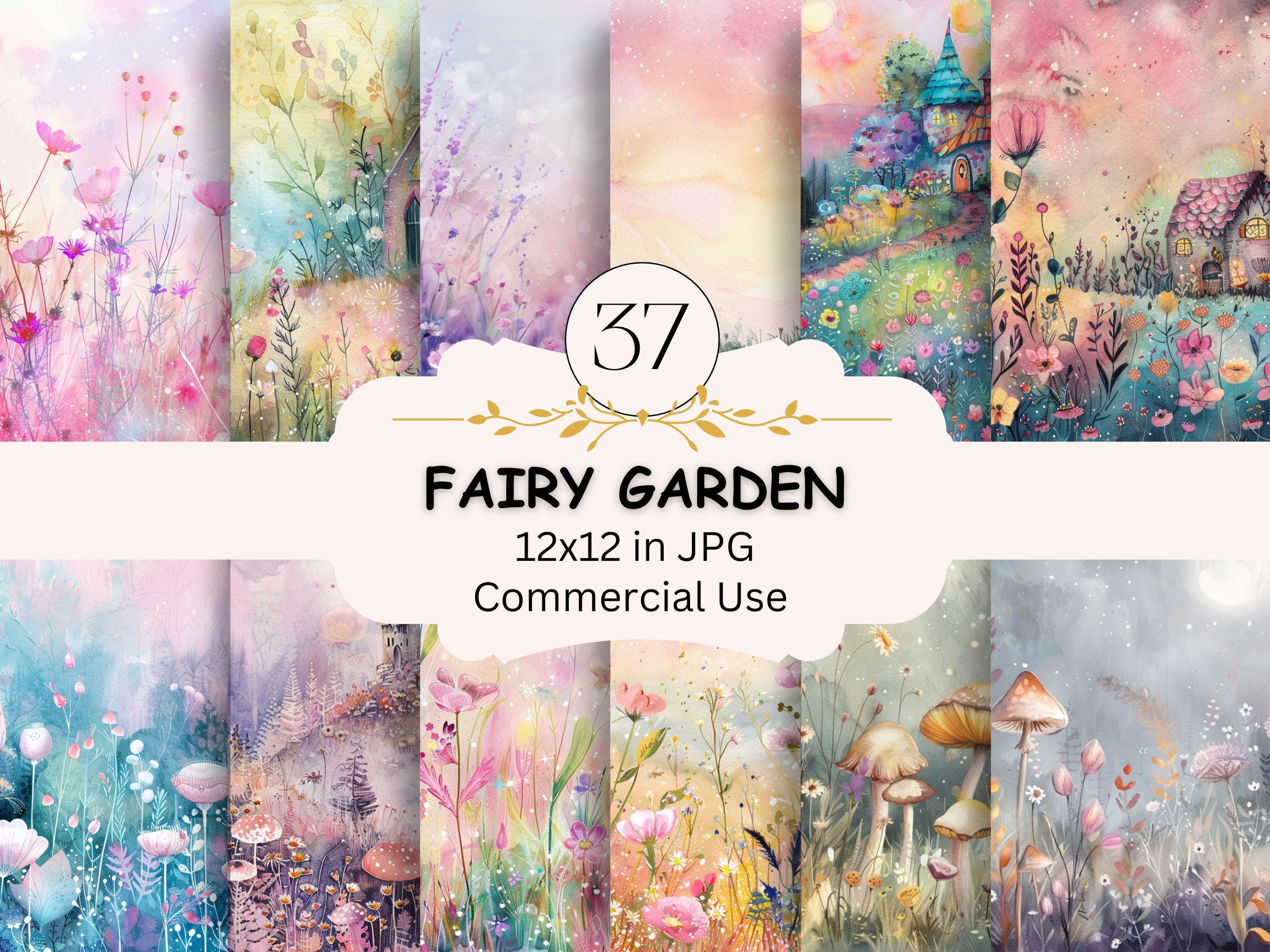 Fairy Garden Digital Paper Bundle, 37 JPG Set, Enchanted Fairytale Floral Paper, Fairy Houses, Mushrooms, Flowers, Junk Journal,Scrapbooking