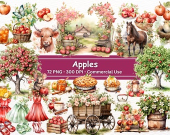 Puede incluir: Un conjunto de ilustraciones de acuarela con manzanas, una vaca, un caballo, un ratón, una linterna, un carro, una tetera, un pastel, un tarro de mermelada y un árbol. El conjunto incluye 72 archivos PNG a 300 DPI y es para uso comercial. El texto "Apples 72 PNG - 300 DPI - Commercial Use" se muestra en una pancarta rosa.