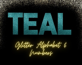 Teal Glitter Letters, Sparkle Clip Art, Turquoise Letters Alphabet Numbers, Instant Download, Glitter Alphabet, Cyan Glitter Numbers, PNG