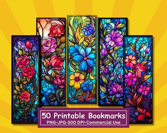 Stained Glass Floral Bookmarks: 50 PNG Designs (Digital Download)