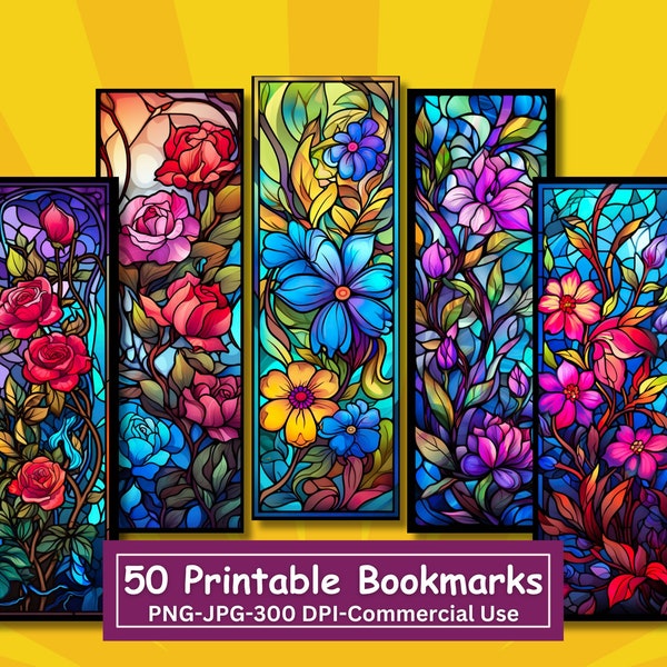 Big Bundle Stained Glass Floral Printable Bookmarks, 50 Designs, PNG Flower Bookmark Sublimation, Print And Cut