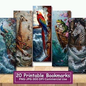 Bundle de signets imprimables Arche de Noé, lot de 20 PNG/JPG, scènes bibliques, sublimation, girafe, paon, zèbre, ara, ours, colombe, geai bleu, hibou