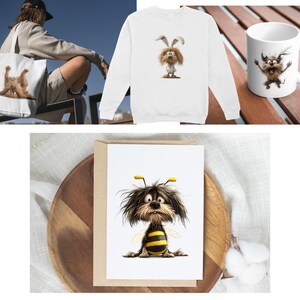 May include: A white tote bag with a cartoon dog wearing a bee costume. The dog has brown fur and yellow and black stripes on its body. The bag is hanging on a person's shoulder.