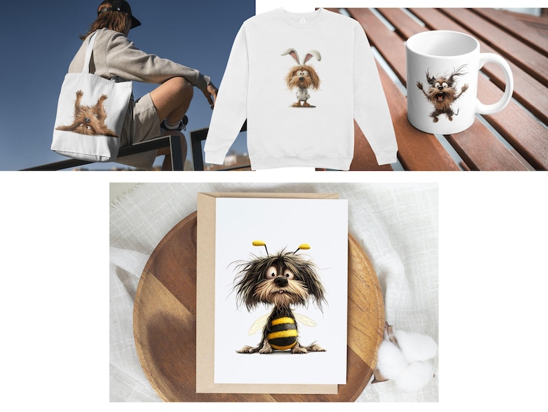 May include: A white tote bag with a cartoon dog wearing a bee costume. The dog has brown fur and yellow and black stripes on its body. The bag is hanging on a person's shoulder.