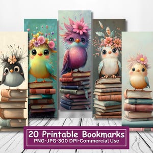 Bundle de signets imprimables lunatiques sur des livres, lot de 20 marques-pages PNG/JPG drôles d'oiseaux, sublimer, imprimer et découper, usage commercial