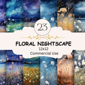 Floral Nightscape digitale papierbundel, fantasiemaan, lucht, hemelse sterren, aquarelhemel, wolken, digitale papierkunst, scrapbooking