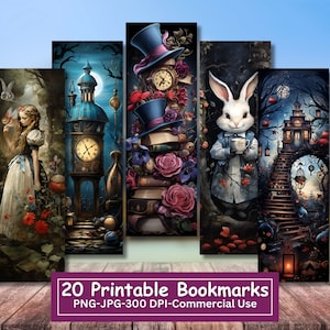 Dark Alice In Wonderland Printable Bookmarks Bundle, Ensemble de 20 PNG/JPG, Art inspiré de la version originale de 1865 par Lewis Carroll, Utilisation commerciale
