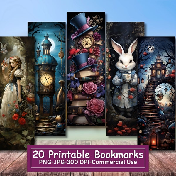 Dark Alice In Wonderland Printable Bookmarks Bundle, Ensemble de 20 PNG/JPG, Art inspiré de la version originale de 1865 par Lewis Carroll, Utilisation commerciale