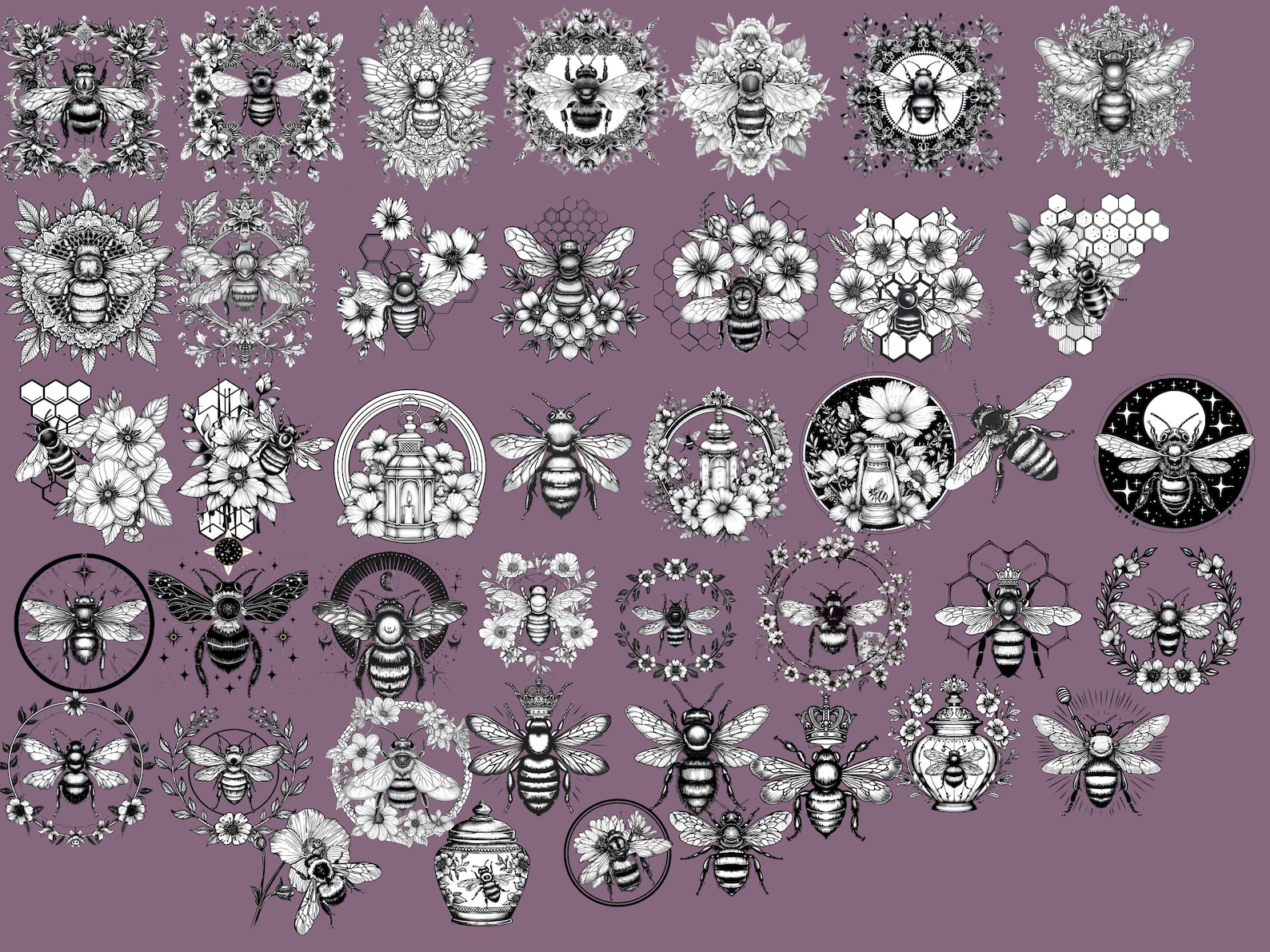 Bee Clipart: Black and White Honeycomb, Hive, Flowers (42 PNG Set ...