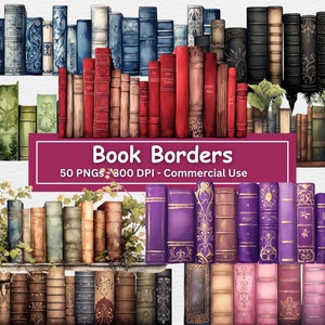 Watercolor Book Border Bundle, 50 PNG Set, Instant Digital Download,  Vintage Books, Fantasy, Clipart, Digital Paper Craft, Commercial Use