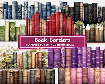 Watercolor Book Border Bundle, 50 PNG Set, Instant Digital Download,  Vintage Books, Fantasy, Clipart, Digital Paper Craft, Commercial Use