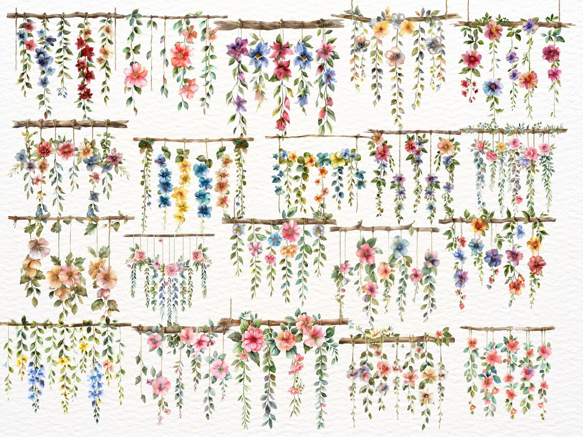 Watercolor Hanging Flowers Clipart: Botanical PNG Set (digital Download ...