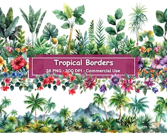 May include: Watercolor illustrations of tropical plants and flowers, including palm trees, hibiscus, and ferns. The illustrations are arranged in a border format and are perfect for creating digital or printed designs.