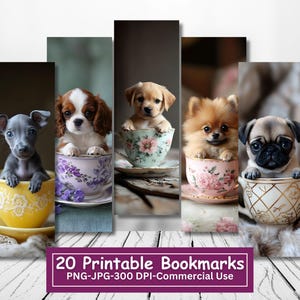 Teacup Pups Printable Bookmarks Bundle, Set Of 20, JPG Bookmark Sheets, Dog PNG Bookmark Sublimation, Print and Cut Bookmark Set