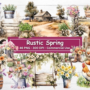Aquarell rustikalen Frühling, Clipart Bundle, 45 PNG-Set, kommerzielle Nutzung, digitaler Download, Junk Journal, Scrapbook, Frühlingspflanzen, Bauernhaus
