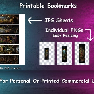 May include: Printable bookmarks with a whimsical forest scene. The image shows a sheet of 12 bookmarks, each measuring 8.5 inches by 11 inches. The bookmarks are also available as individual PNG files for easy resizing.