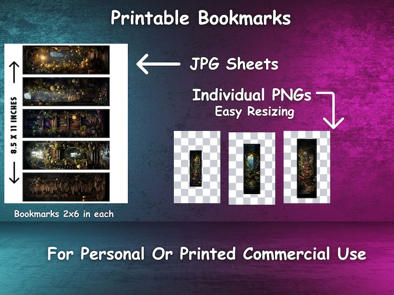 May include: Printable bookmarks with a whimsical forest scene. The image shows a sheet of 12 bookmarks, each measuring 8.5 inches by 11 inches. The bookmarks are also available as individual PNG files for easy resizing.
