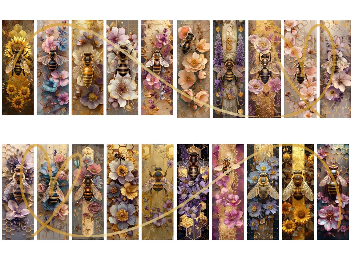 Floral Bee Printable Bookmarks: Fantasy Art, Set of 20 (PNG/JPG) - Etsy
