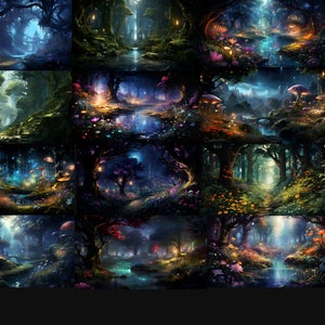 May include: A digital painting of a magical forest at night. The forest is filled with glowing mushrooms, twinkling lights, and a winding path leading into the distance. The trees are tall and lush, and the sky is filled with stars.