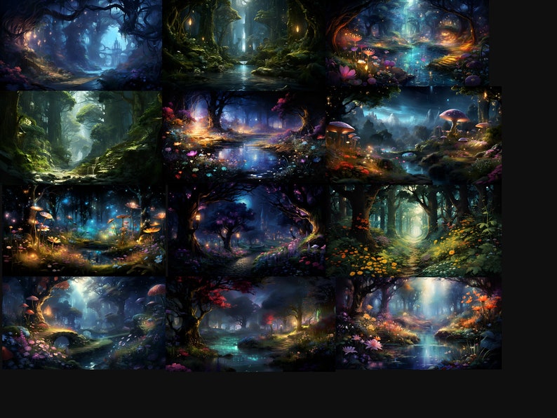 May include: A digital painting of a magical forest at night. The forest is filled with glowing mushrooms, twinkling lights, and a winding path leading into the distance. The trees are tall and lush, and the sky is filled with stars.