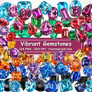 Könnte beinhalten: Eine Sammlung von 124 leuchtenden Edelsteinen in verschiedenen Formen und Farben, darunter Rot, Blau, Grün, Lila, Orange und Gelb. Die Edelsteine sind in einem zufälligen Muster auf einem weißen Hintergrund angeordnet.  Vibrant Gemstones 124 PNG - 300 DPI - Commercial Use