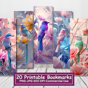 3D-Vögel druckbares Lesezeichen-Bundle, Set mit 20 PNG / JPG-Lesezeichen-Designs, Sublimieren, Drucken und Schneiden, Pastellfrühlingsblumen, kommerzielle Nutzung