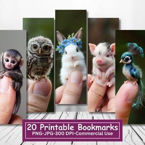 May include: Set of 20 printable bookmarks featuring adorable baby animals. The bookmarks include a monkey, owl, rabbit, pig, and peacock. Each bookmark is designed with a cute animal on a finger, against a blurred background of green foliage.