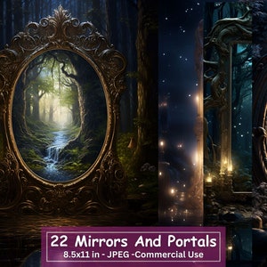 22 Fantasy Mirror en Portal Digital Paper, Fantasy Woods Achtergrond, Fairytale Junk Journal, Scrapbooking, Collage, Commercieel Gebruik