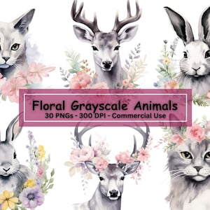 Aquarell Blumen Graustufen Tier Clipart Bundle, Set mit 30 PNGs, Katze, Giraffe, Hirsch, Häschen, Baby Kindergarten Kunst