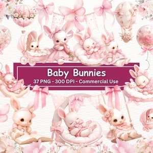 Aquarel Baby Bunny Clipart Bundel, Girl Baby Shower Clip Art, Kinderkamer Kunst, Schattig Konijn, Wieg, Schommel, Maan, Uitnodigingen, Kaart maken