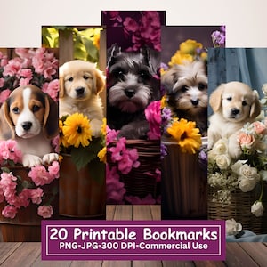 Paquete de marcadores imprimibles de perros en cestas, lindo juego de marcadores de perros de 20, hojas JPG, sublimación PNG, impresión y corte, uso comercial
