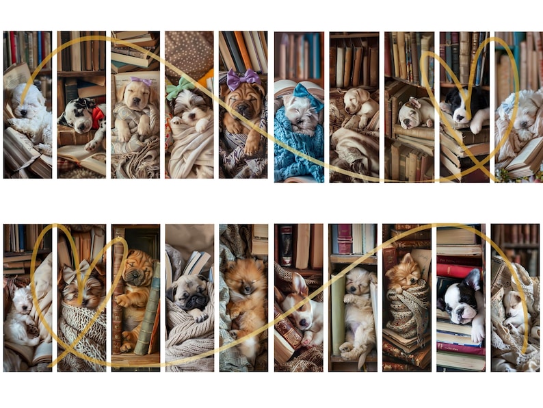 May include: A collection of 10 images featuring various dog breeds sleeping in a library setting. Each image shows a different dog breed, including a pug, a shar-pei, a golden retriever, and a french bulldog, among others. The dogs are all sleeping peacefully among bookshelves and stacks of books.