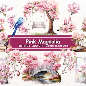 Aquarell rosa Magnolie Blumen Clipart Bundle, 38 PNG-Set, Frühlingsblumen Clip Art, Kartenherstellung, digitales Papiermodell, kommerzielle Nutzung