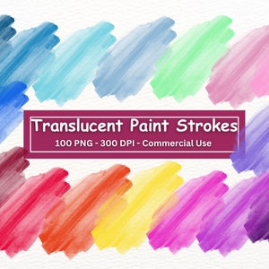 Clipart di tratti di pennello acquerello traslucido, set di 100 PNG, tratti di pennello dipinti digitalmente su sfondo trasparente