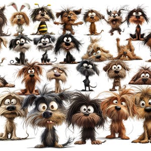 May include: A collection of 25 cartoon dogs with various expressions and accessories, including a unicorn horn, bunny ears, and a bee costume. The dogs are all in different poses and have a variety of fur colors and textures.