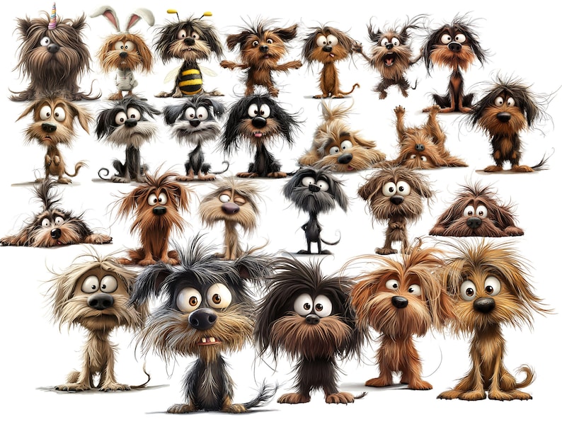May include: A collection of 25 cartoon dogs with various expressions and accessories, including a unicorn horn, bunny ears, and a bee costume. The dogs are all in different poses and have a variety of fur colors and textures.