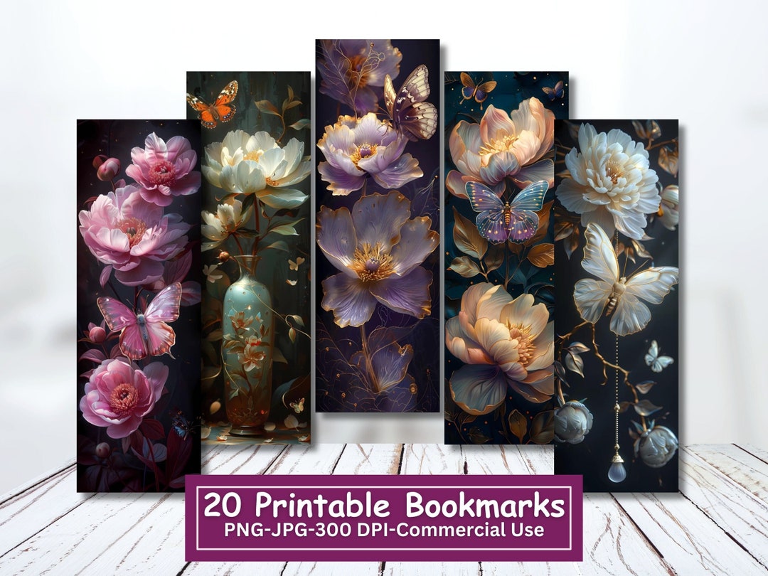 Peony Butterfly Printable Bookmarks Bundle (set 2), Set of 20 PNG/JPG ...